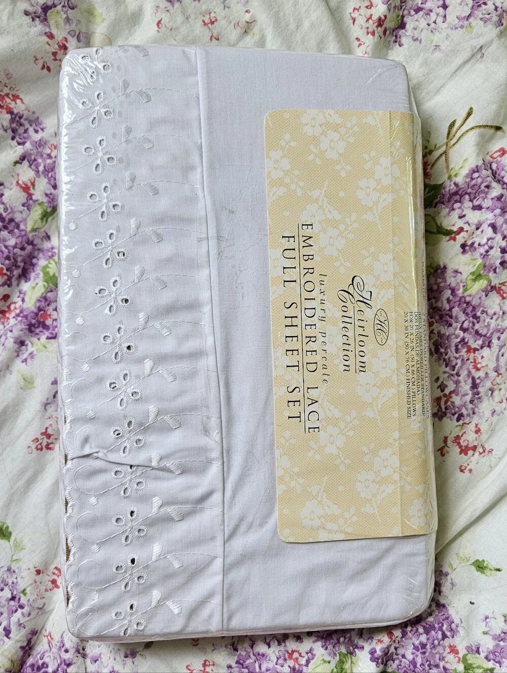Vtg NEW Heirloom Collection Luxury Percale White Eyelet Full Sheet Set
